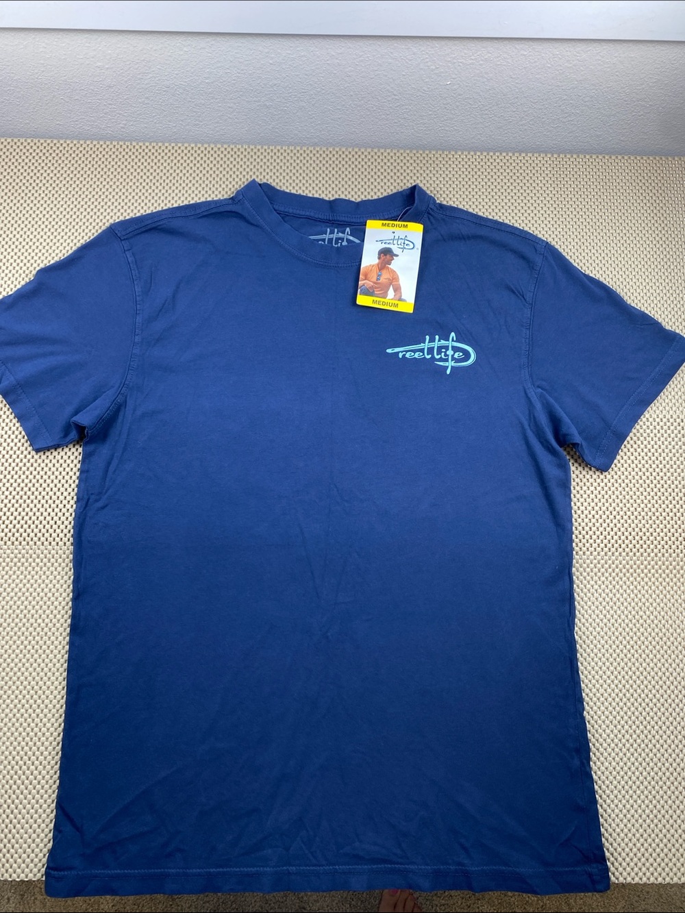 Reel Life Men's Short Sleeve Tee Navy with Teal Logo Medium NWT